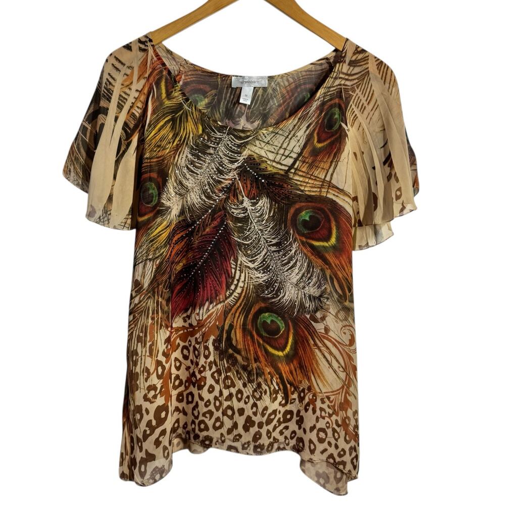 Womens M Top Leopard Bling Sheer Feather‎ Print Y2K Fairy Blouse Flouncy Pleated
